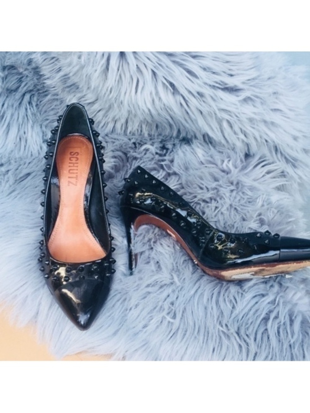 SCHUTZ Black Patent Spike-Embellished Pointed Toe Pumps